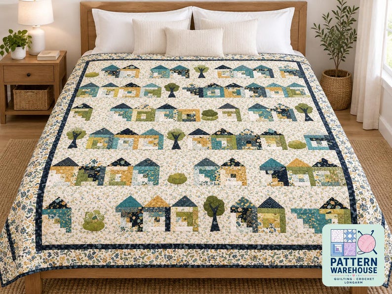 Op de afbeelding: Een quilt met een herhalend patroon van huizen en bomen in tinten blauw, groen en geel op een cr&egrave;mekleurige bloemenachtergrond. De quilt heeft een donkerblauwe rand en bevat het logo van Pattern Warehouse in de hoek.