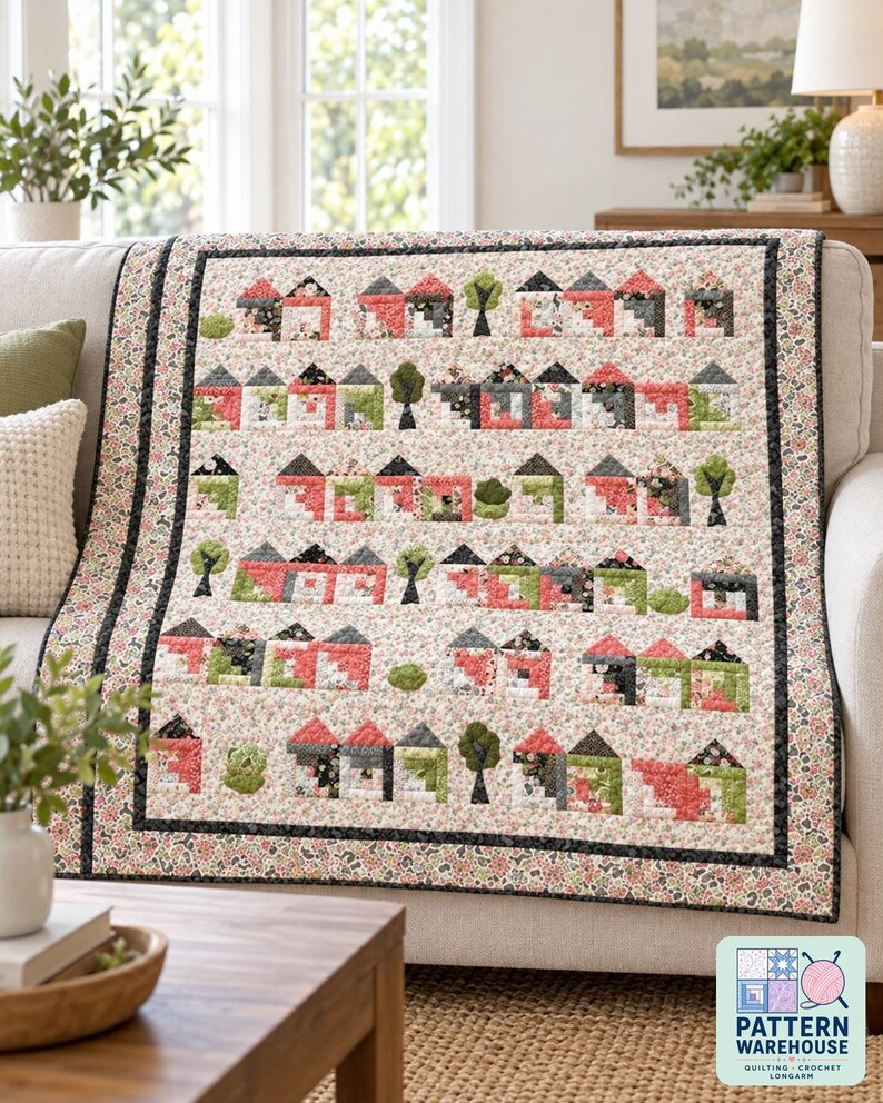Op de afbeelding: Een rechthoekige quilt met een herhalend patroon van kleine huisjes en bomen in tinten rood, groen, zwart en wit. De quilt heeft een bloemenrand en een middengedeelte met rijen huisblokken. Een logo in de hoek toont Pattern Warehouse.