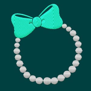 May include: A turquoise bow with a pearl necklace around it. The bow is at the top of the necklace and the pearls are arranged in a circle.