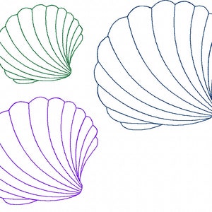 May include: Three seashells in different sizes and colors. The largest shell is blue, the medium shell is purple, and the smallest shell is green.