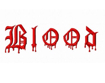 May include: The word "BLOOD" in dripping red letters, written in a gothic font.