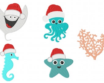 Coastal Christmas Embroidery Designs, Sea Creatures (Multiple Formats)