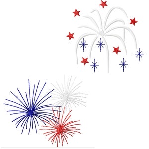May include: A digital embroidery design featuring three fireworks in red, white, and blue. The fireworks are arranged in a cluster, with the red firework in the foreground. The design also includes a single firework with white sparks and red stars.