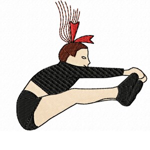 May include: A black and white illustration of a cheerleader doing a split jump. She is wearing a black crop top and shorts, and has a red bow in her hair.