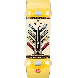 May include: A yellow skateboard deck with a graphic of a stylized tree with geometric shapes and the text "Joey Guevara". The deck has black trucks and yellow wheels.