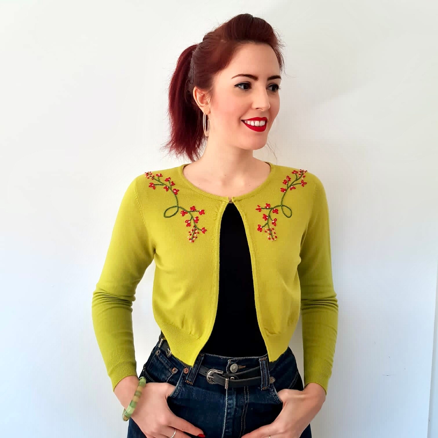 LIME GREEN Cropped cardigan with handmade floral embroidery Etsy