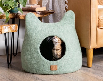 BEST AESTHETIC Cat Bed with Ears | Natural Organic Merino Felt Wool | SOFT, Wholesome, Cute | #1 Modern "Cat Corner" Cave | Handmade and Fun