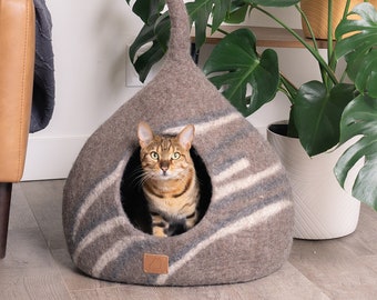 Aesthetic Cat Bed Stone Design Cave with Tail | Handmade Natural Organic Merino Felt Wool | Soft, Sturdy | #1 Modern "Cat Corner"