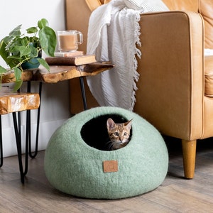 PERSONALIZED Cat Bed Natural Organic Merino Felt Wool SOFT, Wholesome, Cute 1 BEST Modern gift Cave Handmade Round Style Eucalyptus Green