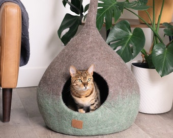 Aesthetic Cat Bed Fade Design Cave with Tail | Handmade Natural Organic Merino Felt Wool | Soft, Sturdy | #1 Modern "Cat Corner"