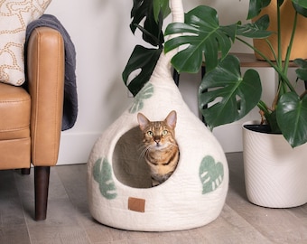 Aesthetic Cat Bed Monstera Leaf Design Cave with Tail | Handmade Natural Organic Merino Felt Wool | Soft, Sturdy | #1 Modern "Cat Corner"
