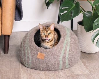 BEST Cat Bed Stripe Design Cave | Natural Organic Merino Felt Wool | Soft, Sturdy | #1 Modern "Cat Corner" Cave | Handmade Round Style