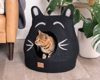 Best Boy Cat Bed with Face Design | Natural Organic Merino Felt Wool | SOFT, Durable | #1 Modern "Cat Corner" Cave | Handmade and Fun