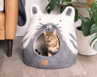 Best Cat Face Cat Cave Bed | Custom Design Natural Organic Merino Felt Wool | SOFT, Durable | #1 Modern "Cat Corner" Cave | Handmade and Fun