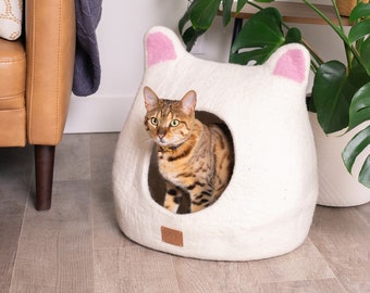 Best Cat Bed with Accent Ears | Natural Organic Merino Felt Wool | SOFT, Wholesome, Cute | #1 Modern "Cat Corner" Cave | Handmade and Fun
