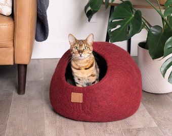 BEST AESTHETIC Cat Bed | Natural Organic Merino Felt Wool | SOFT, Wholesome, Cute | #1 Modern "Cat Corner" Cave | Handmade Round Style