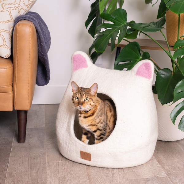 Best Cat Bed with Accent Ears | Natural Organic Merino Felt Wool | SOFT, Wholesome, Cute | #1 Modern "Cat Corner" Cave | Handmade and Fun