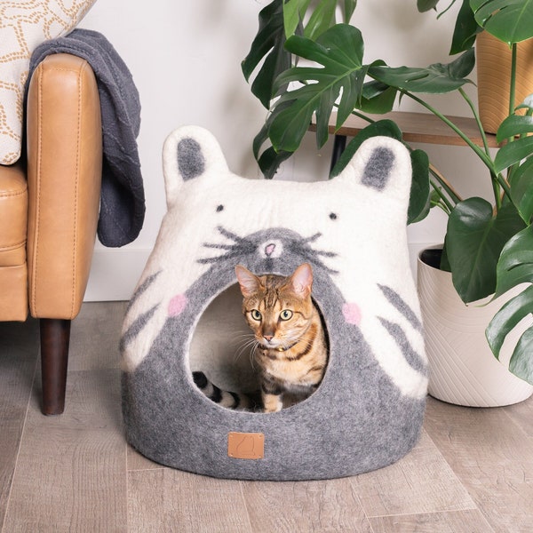 Best Cat Face Cat Cave Bed | Custom Design Natural Organic Merino Felt Wool | SOFT, Durable | #1 Modern "Cat Corner" Cave | Handmade and Fun