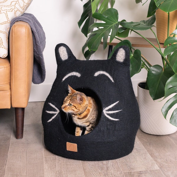 Best Boy Cat Bed with Face Design | Natural Organic Merino Felt Wool | SOFT, Durable | #1 Modern "Cat Corner" Cave | Handmade and Fun