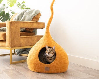 LUXURY Tall Tail Cat Bed | Natural Organic Merino Felt Wool | SOFT, Wholesome, Cute | #1 Modern "Cat Corner" Cave | Handmade, Aesthetic, Fun