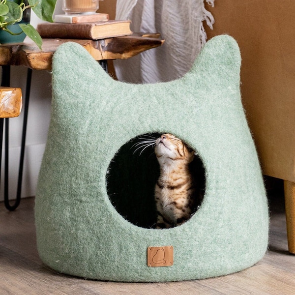 BEST AESTHETIC Cat Bed with Ears | Natural Organic Merino Felt Wool | SOFT, Wholesome, Cute | #1 Modern "Cat Corner" Cave | Handmade and Fun