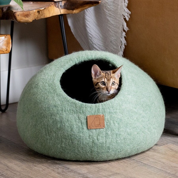 Grotte pour Chat, Meilleur Lit pour Animaux de Compagnie esthétique, en Laine de Feutre Mérinos Biologique Naturelle Faite à la Main