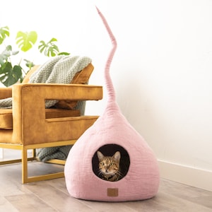 Aesthetic Soft Cat Cave with Tail Organic Merino Felt Wool Happy Cat or Money Back Wholesome Pet Gift Modern Pet Cave Fun Cat Bed Valentine Pink