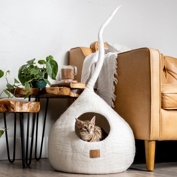 LUXURY Tall Tail Cat Bed | Natural Organic Merino Felt Wool | SOFT, Wholesome, Cute | #1 Modern "Cat Corner" Cave | Handmade, Aesthetic, Fun