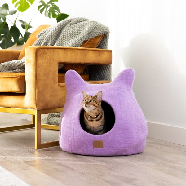 BEST AESTHETIC Cat Bed with Ears | Natural Organic Merino Felt Wool | SOFT, Wholesome, Cute | #1 Modern "Cat Corner" Cave | Handmade and Fun