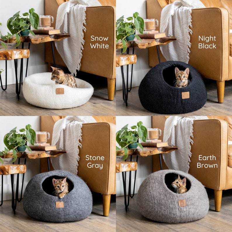 MEILLEUR lit pour chat ESTHÉTIQUE Feutre de laine mérinos naturel biologique DOUX, sains, mignons 1 Caverne moderne Cat Corner Style rond fait main image 5