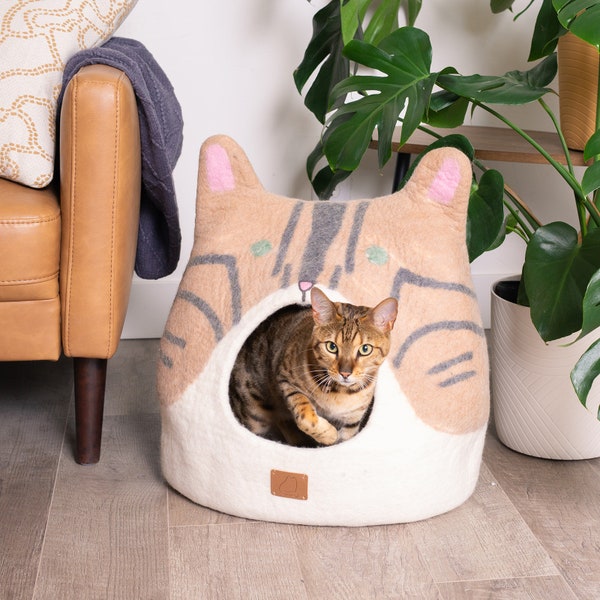 Best Cat Design Bengal Cat Cave Bed | Natural Organic Merino Felt Wool | SOFT, Durable | #1 Modern "Cat Corner" Cave | Handmade and Fun