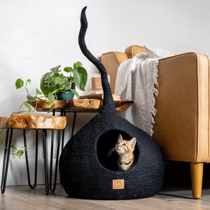 Aesthetic Soft Cat Cave with Tail Organic Merino Felt Wool Happy Cat or Money Back Wholesome Pet Gift Modern Pet Cave Fun Cat Bed Night Black