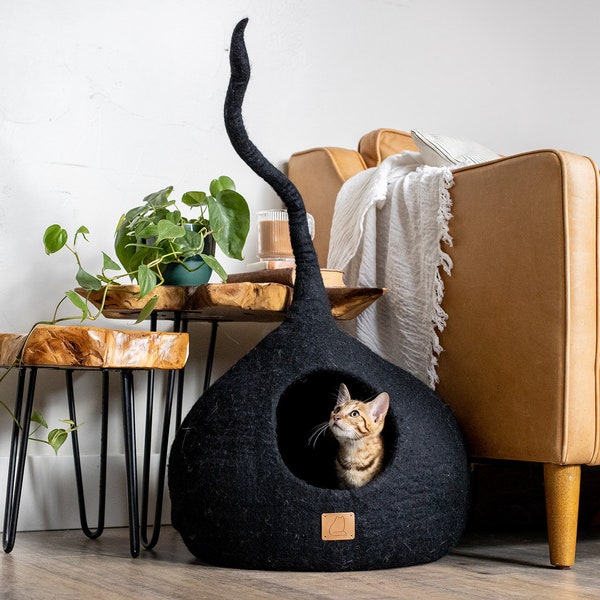 LUXURY Tall Tail Cat Bed | Natural Organic Merino Felt Wool | SOFT, Wholesome, Cute | #1 Modern "Cat Corner" Cave | Handmade, Aesthetic, Fun
