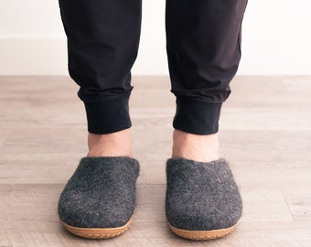 Mens Wool Slippers | Luxury Organic Merino | Eco-Friendly Warmth, Non-Slip Rubber or Leather Foot Sole, Arch Support Home Cozy Comfort Gift