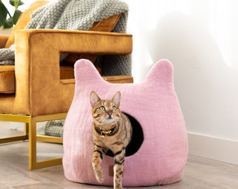 BEST AESTHETIC Cat Bed with Ears | Natural Organic Merino Felt Wool | SOFT, Wholesome, Cute | #1 Modern "Cat Corner" Cave | Handmade and Fun