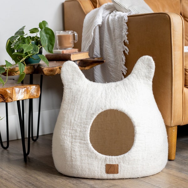 BEST AESTHETIC Cat Bed with Ears | Natural Organic Merino Felt Wool | SOFT, Wholesome, Cute | #1 Modern "Cat Corner" Cave | Handmade and Fun