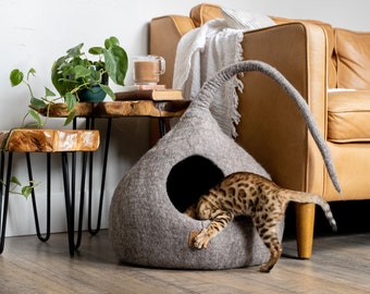 LUXURY Tall Tail Cat Bed | Natural Organic Merino Felt Wool | SOFT, Wholesome, Cute | #1 Modern "Cat Corner" Cave | Handmade, Aesthetic, Fun