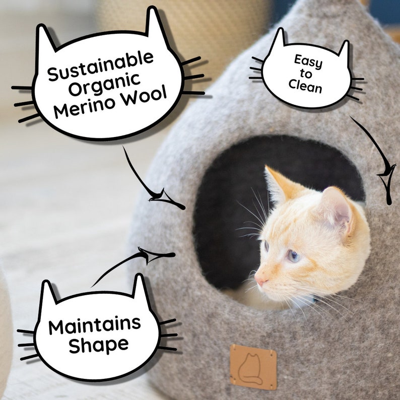 LUXURY Tall Tail Cat Bed Natural Organic Merino Felt Wool SOFT, Wholesome, Cute 1 Modern Cat Corner Cave Handmade, Aesthetic, Fun image 2