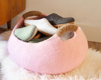 Organic Wool Basket for Storage - Handcrafted Merino Felt Basket for Blankets, Cozy Soft Cat Bed, Multi-Use Home Decor, Eco-Friendly Gift