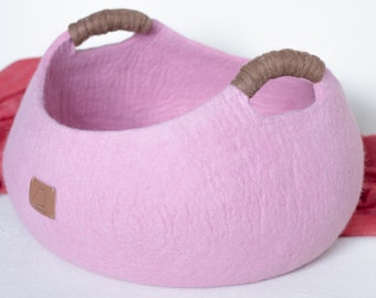 Cesta de lana orgánica para almacenamiento - Cesta de fieltro Merino hecha a mano para mantas, acogedora cama para gatos suave, decoración del hogar multiusos, regalo ecológico