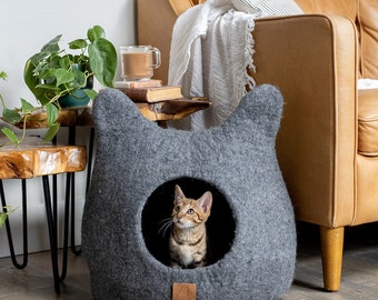 BEST AESTHETIC Cat Bed with Ears | Natural Organic Merino Felt Wool | SOFT, Wholesome, Cute | #1 Modern "Cat Corner" Cave | Handmade and Fun