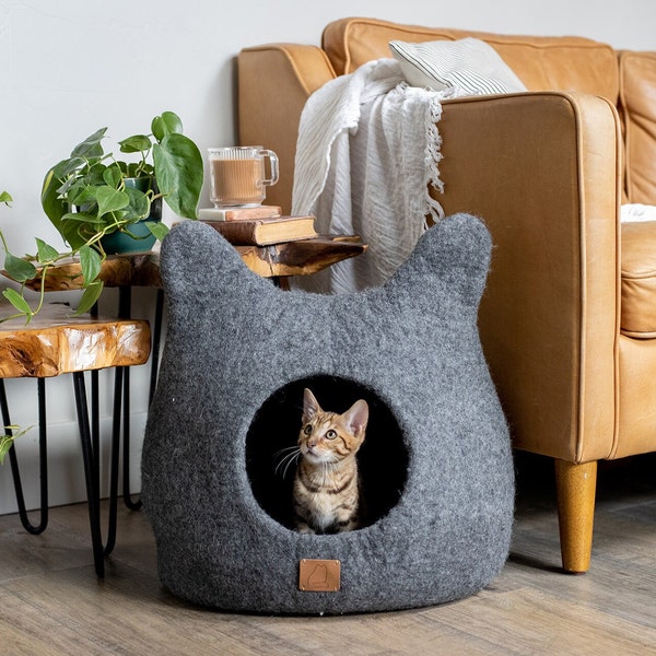 BEST AESTHETIC Cat Bed with Ears | Natural Organic Merino Felt Wool | SOFT, Wholesome, Cute | #1 Modern "Cat Corner" Cave | Handmade and Fun