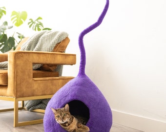 Aesthetic Soft Cat Cave with Tail - Organic Merino Felt Wool - Happy Cat or Money Back - Wholesome Pet Gift - Modern Pet Cave - Fun Cat Bed