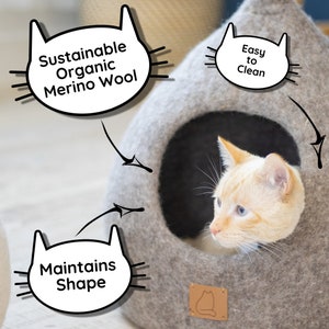 Aesthetic Soft Cat Cave with Tail Organic Merino Felt Wool Happy Cat or Money Back Wholesome Pet Gift Modern Pet Cave Fun Cat Bed image 2