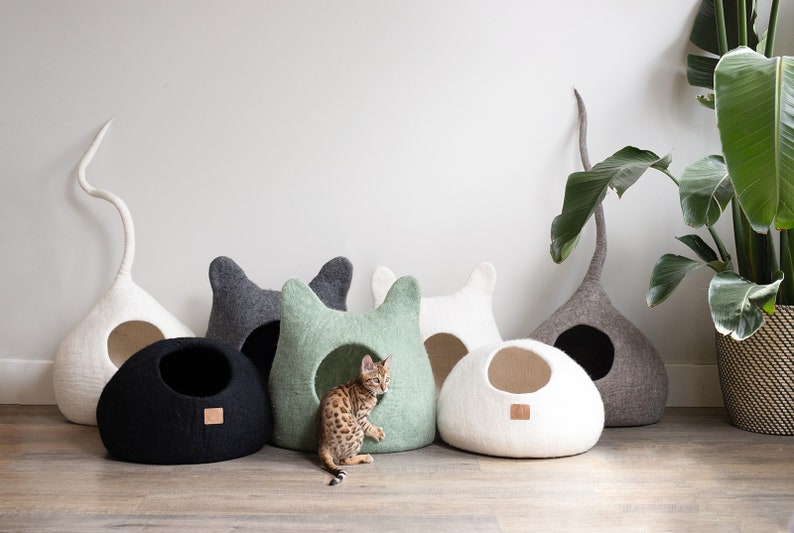 Aesthetic Soft Cat Cave with Tail Organic Merino Felt Wool Happy Cat or Money Back Wholesome Pet Gift Modern Pet Cave Fun Cat Bed image 10