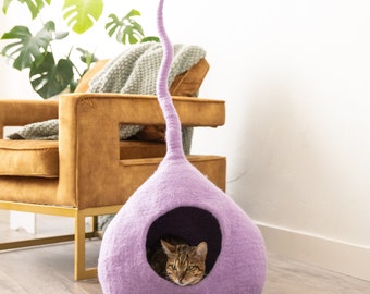 Aesthetic Soft Cat Cave with Tail - Organic Merino Felt Wool - Happy Cat or Money Back - Wholesome Pet Gift - Modern Pet Cave - Fun Cat Bed