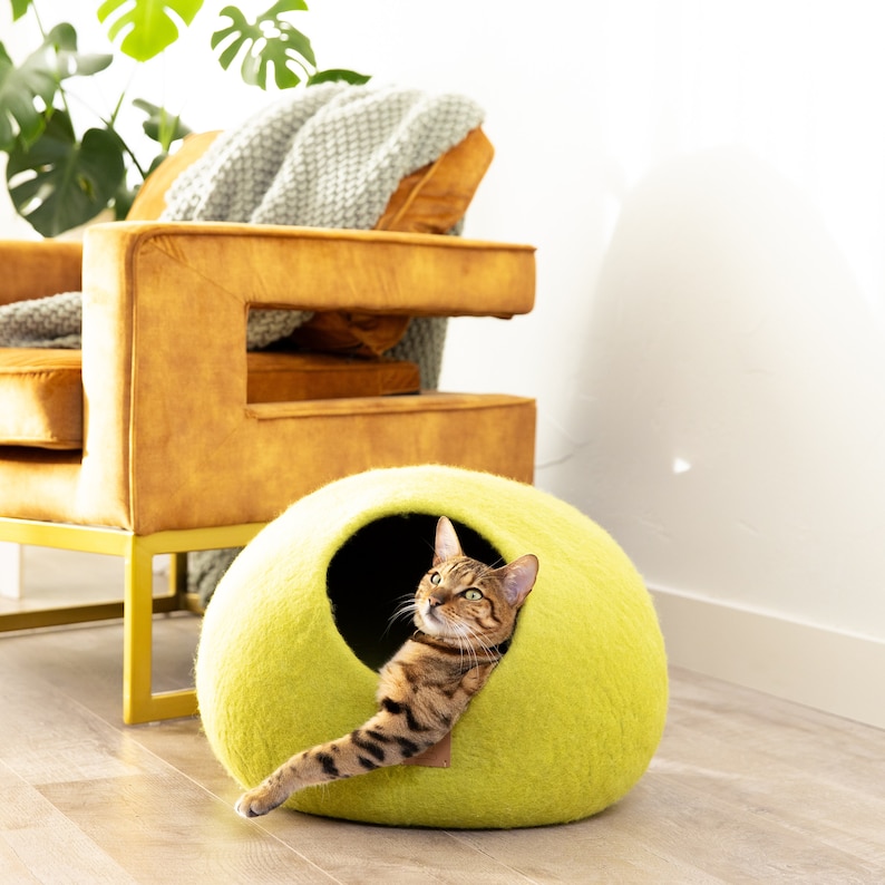 BEST AESTHETIC Cat Bed Natural Organic Merino Felt Wool SOFT, Wholesome, Cute 1 Modern Cat Corner Cave Handmade Round Style Citrus Green