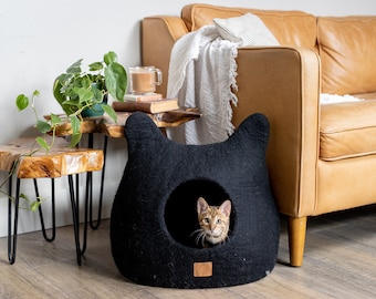 BEST AESTHETIC Cat Bed with Ears | Natural Organic Merino Felt Wool | SOFT, Wholesome, Cute | #1 Modern "Cat Corner" Cave | Handmade and Fun