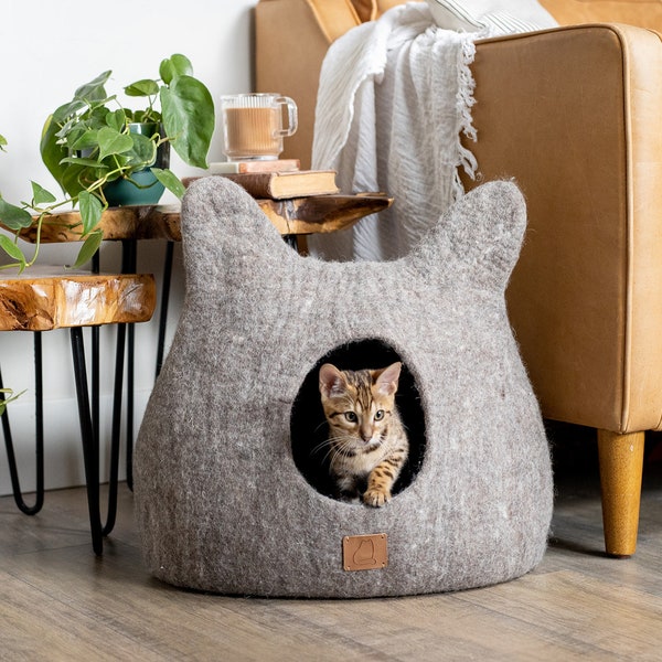 BEST AESTHETIC Cat Bed with Ears | Natural Organic Merino Felt Wool | SOFT, Wholesome, Cute | #1 Modern "Cat Corner" Cave | Handmade and Fun