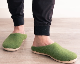 Mens Luxury Organic Merino Wool Slippers | Eco-Friendly Warmth, Non-Slip Rubber or Leather Foot Sole, Arch Support Home Cozy Comfort Gift